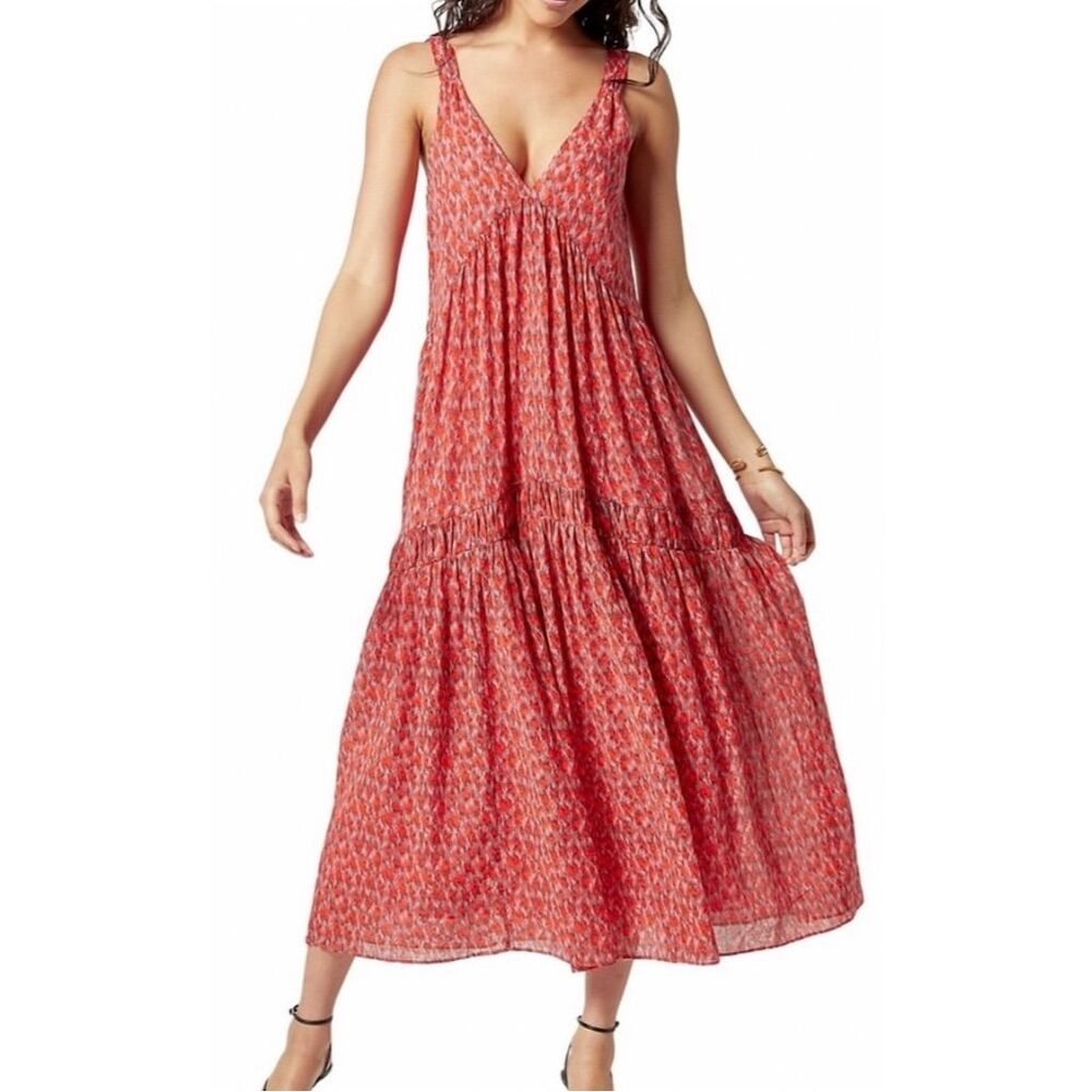 New Joie Bondi Women's L‎ Red Boho Maxi Dress Tiered Sleeveless V-Neck